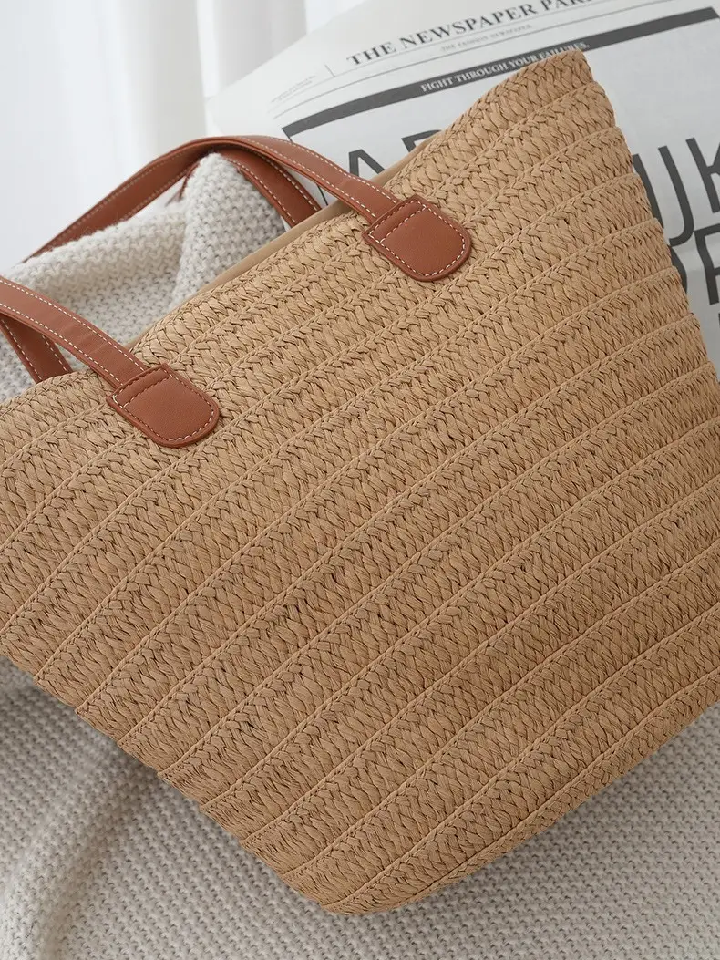 Women Straw Shoulder Bag Tan 2024 Summer - Image 5