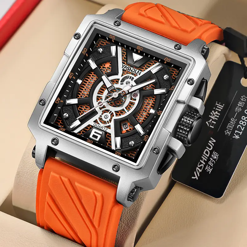 Men's Waterproof Luminous Quartz Watch Large Dial Orange Strap - Image 5