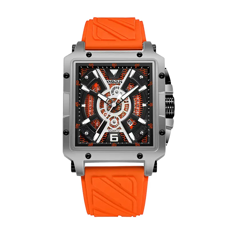 Men's Waterproof Luminous Quartz Watch Large Dial Orange Strap - Image 3