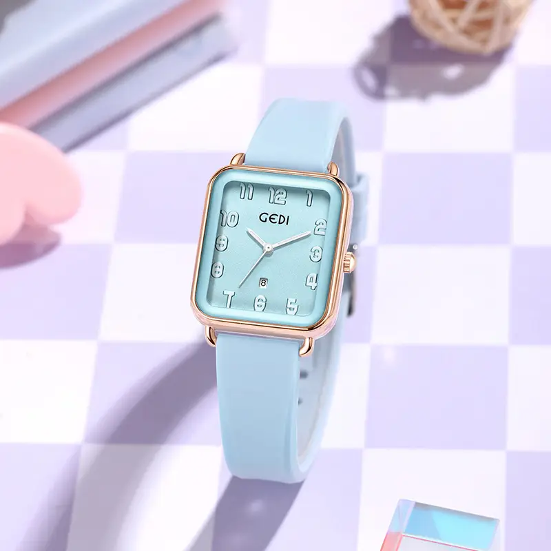 Goldie Pink Silicone Square Dial Women's Quartz Watch with Calendar - Image 8