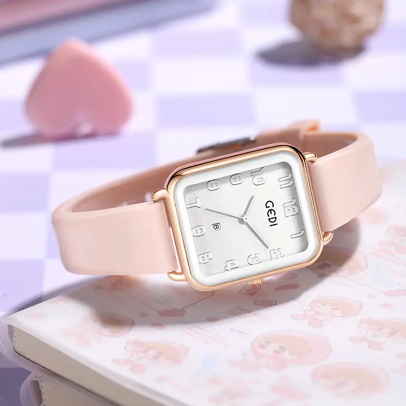 Goldie Pink Silicone Square Dial Women's Quartz Watch with Calendar - Image 11