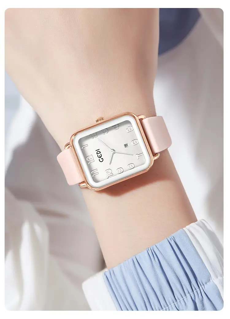 Goldie Pink Silicone Square Dial Women's Quartz Watch with Calendar — feature 11