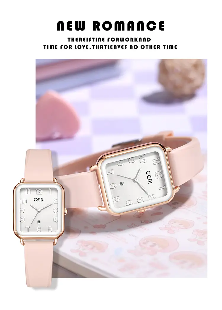Goldie Pink Silicone Square Dial Women's Quartz Watch with Calendar — feature 3