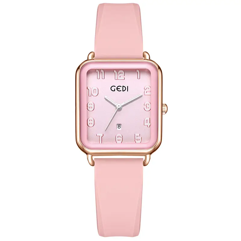 Goldie Pink Silicone Square Dial Women's Quartz Watch with Calendar - Image 4