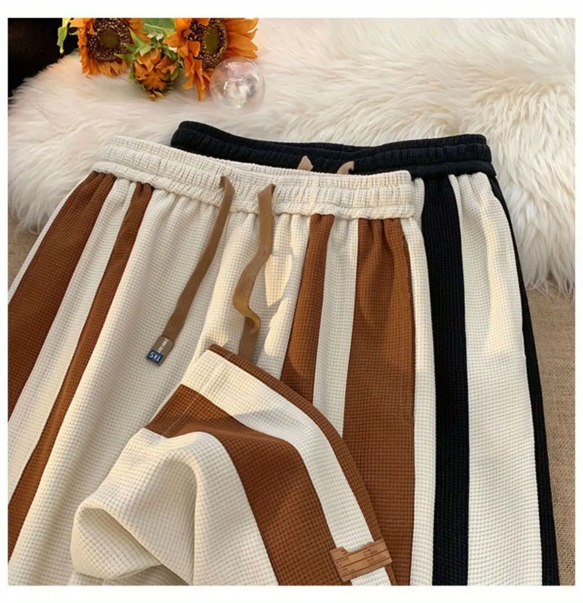 Men's Striped Pants High Street Vibe Casual Brown White — feature 2
