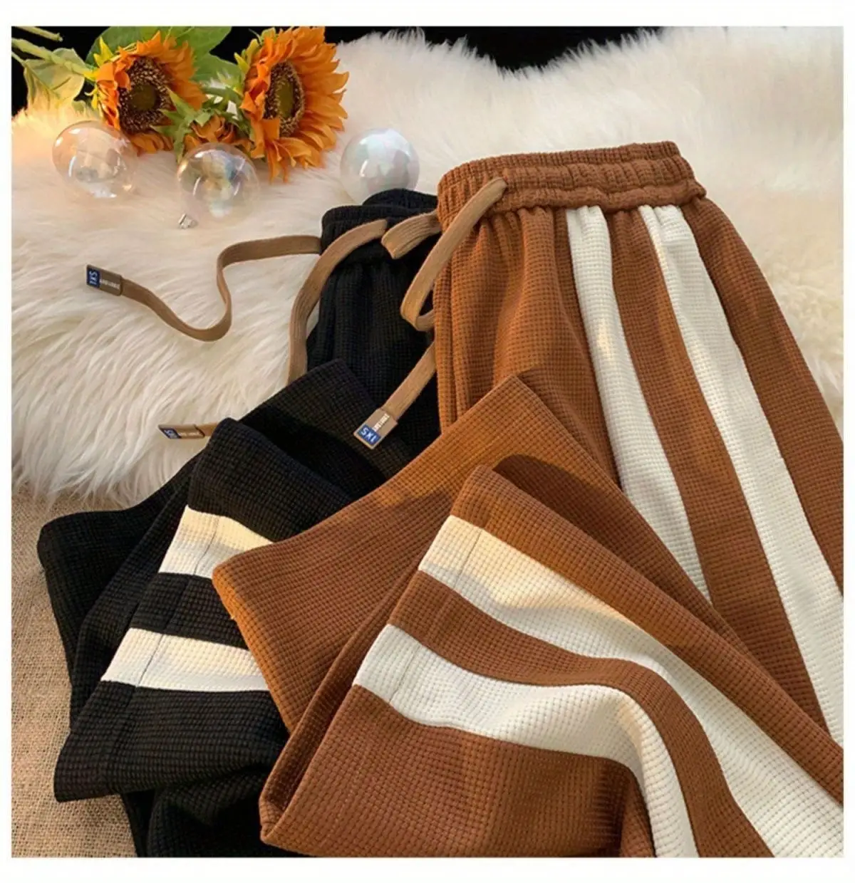 Men's Striped Pants High Street Vibe Casual Brown White — feature 4