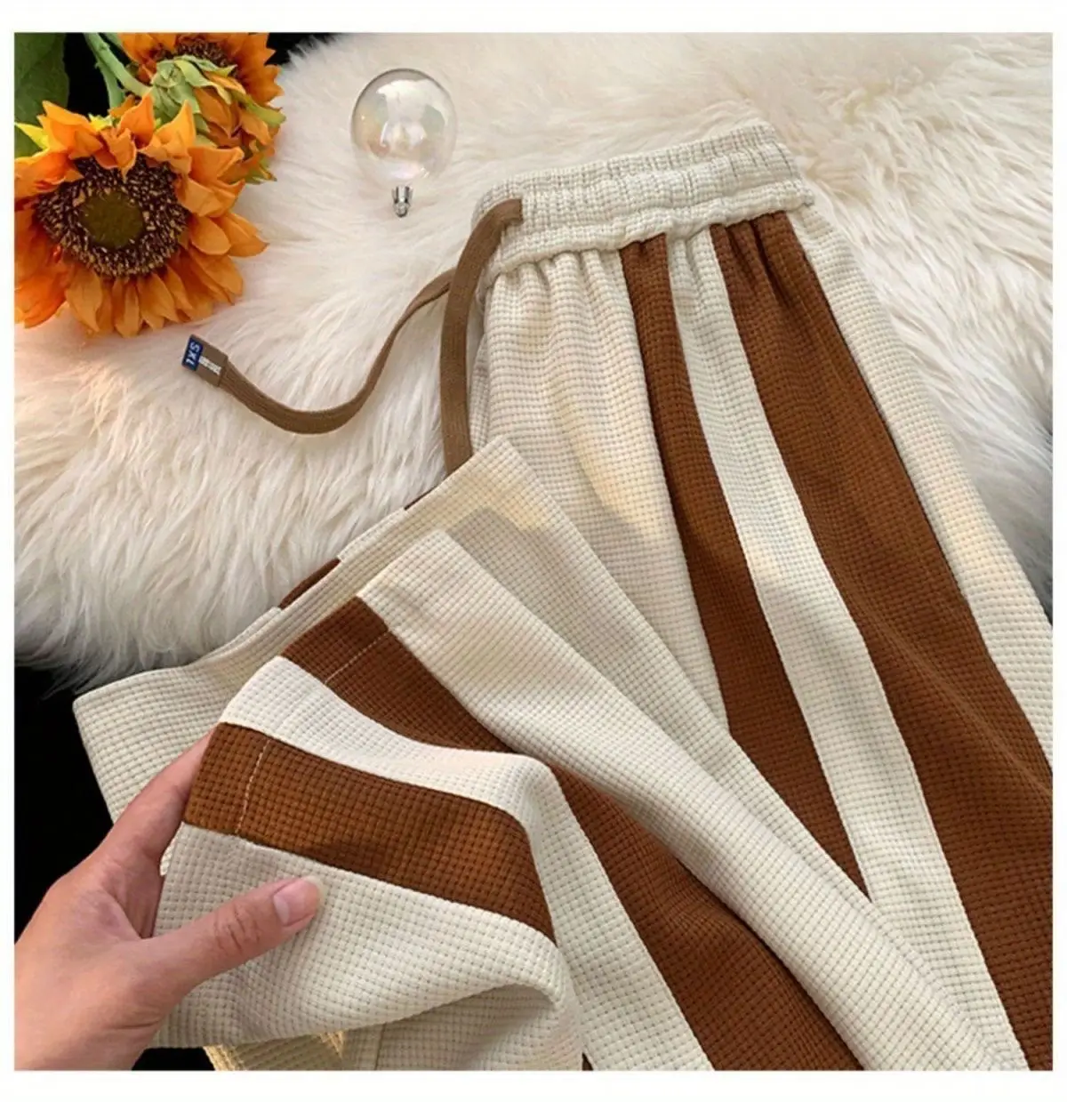 Men's Striped Pants High Street Vibe Casual Brown White — feature 7