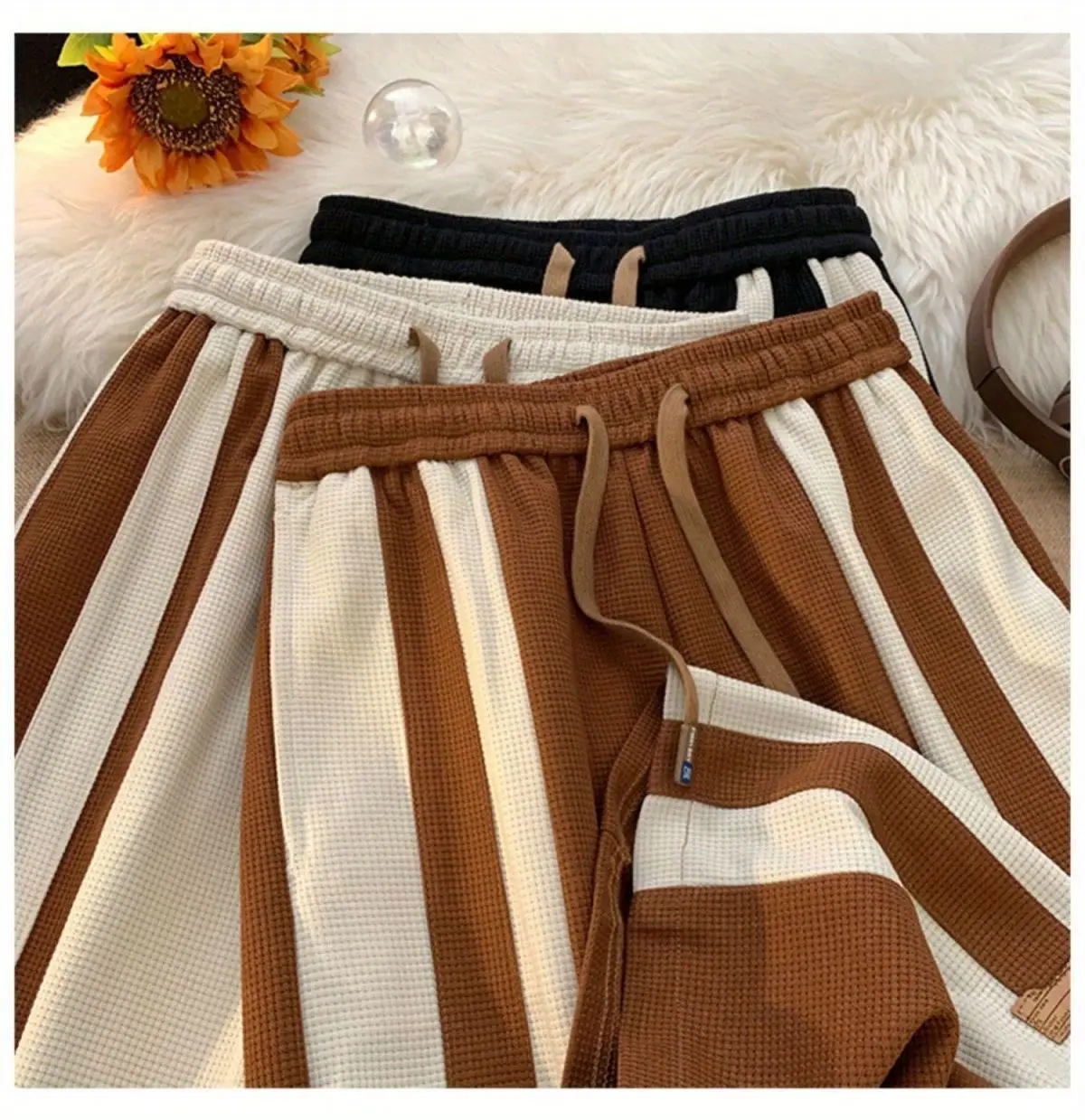 Men's Striped Pants High Street Vibe Casual Brown White — feature 9