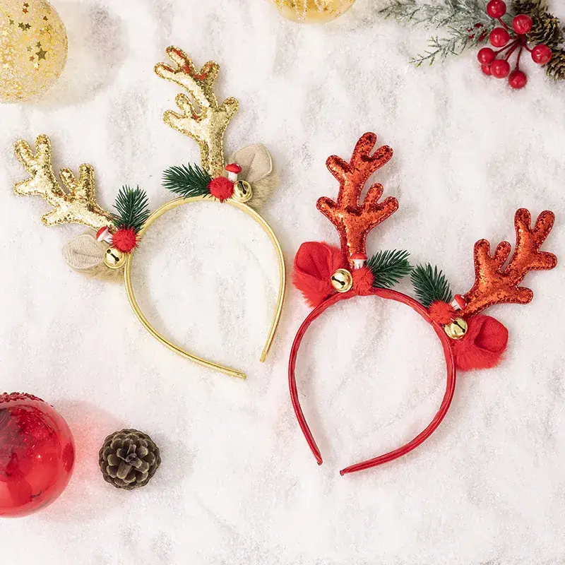 Christmas Antler Headbands Gold Red Flash Sequins Party - Image 3