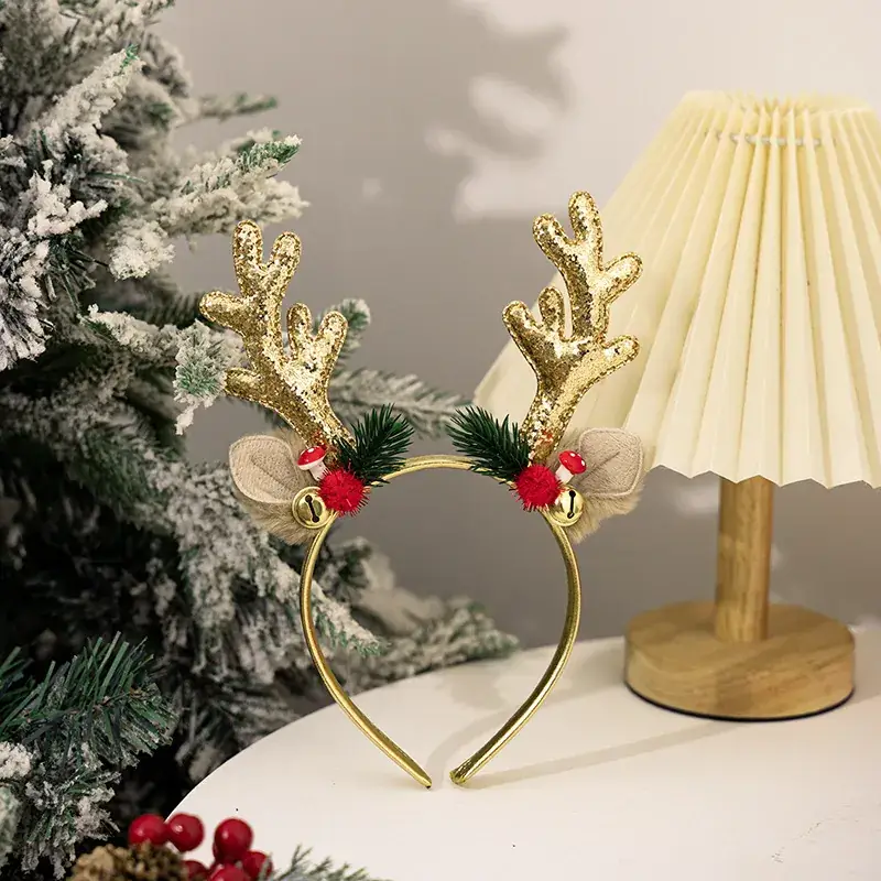 Christmas Antler Headbands Gold Red Flash Sequins Party - Image 2