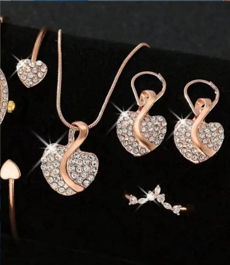 Gold Plated Diamond Heart Earrings & Necklace Set - Image 3