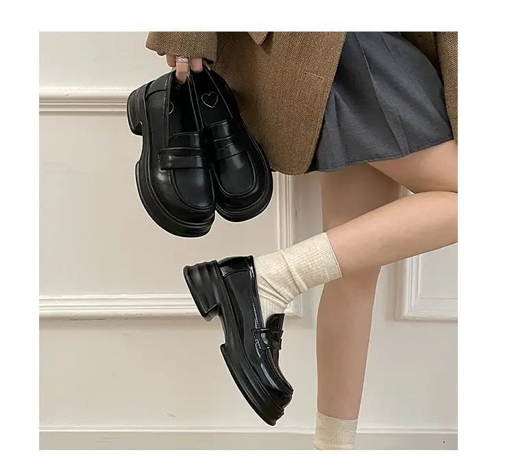 Thick-soled heightening single-layer shoes women's black thick-heeled leather shoes all-match British loafers autumn new formal shoes jk shoes — feature 1