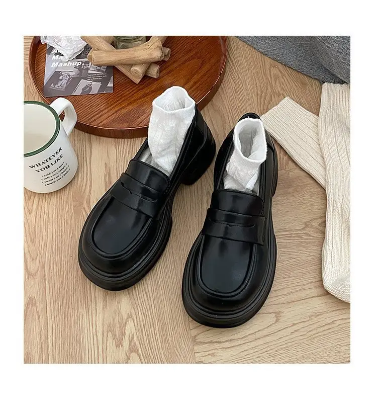 Thick-soled heightening single-layer shoes women's black thick-heeled leather shoes all-match British loafers autumn new formal shoes jk shoes — feature 10