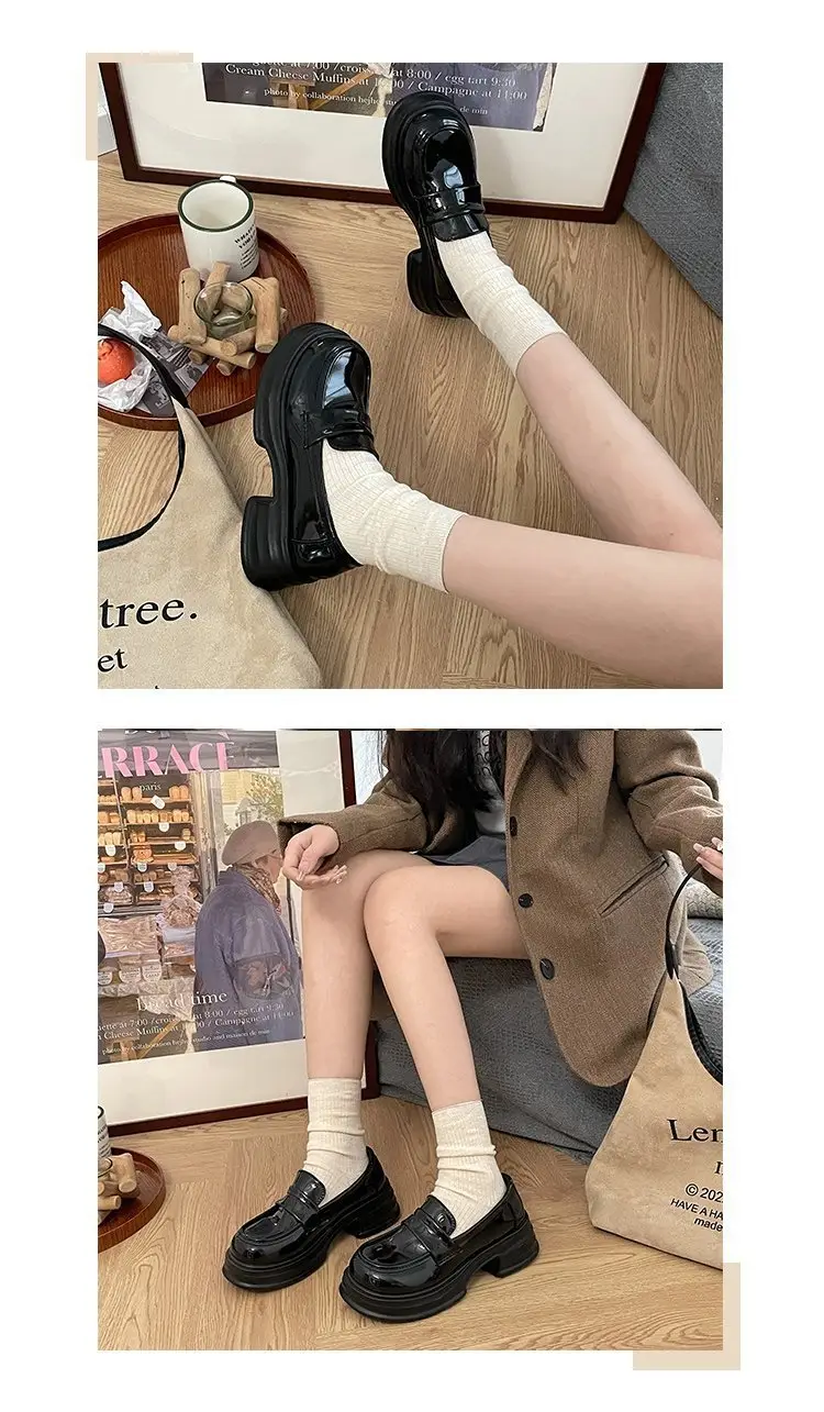Thick-soled heightening single-layer shoes women's black thick-heeled leather shoes all-match British loafers autumn new formal shoes jk shoes — feature 4