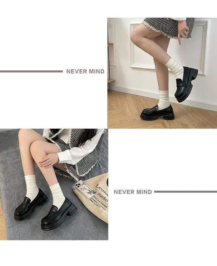 Thick-soled heightening single-layer shoes women's black thick-heeled leather shoes all-match British loafers autumn new formal shoes jk shoes — feature 5