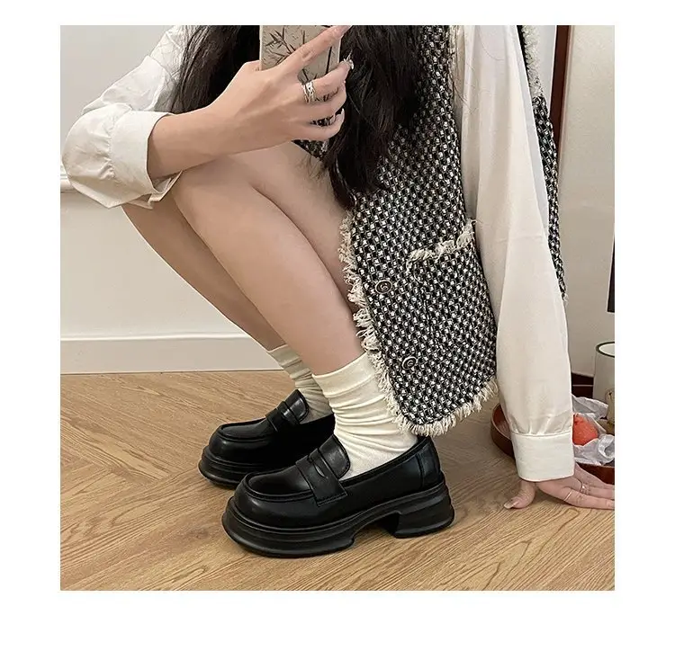 Thick-soled heightening single-layer shoes women's black thick-heeled leather shoes all-match British loafers autumn new formal shoes jk shoes — feature 6