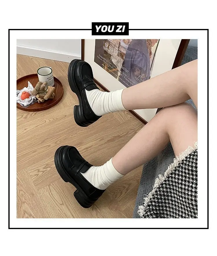 Thick-soled heightening single-layer shoes women's black thick-heeled leather shoes all-match British loafers autumn new formal shoes jk shoes — feature 7