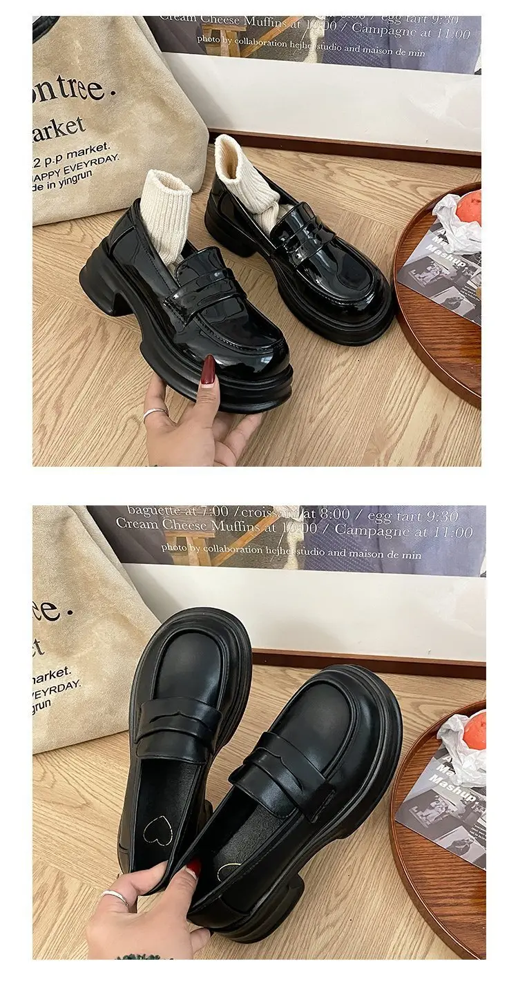 Thick-soled heightening single-layer shoes women's black thick-heeled leather shoes all-match British loafers autumn new formal shoes jk shoes — feature 8