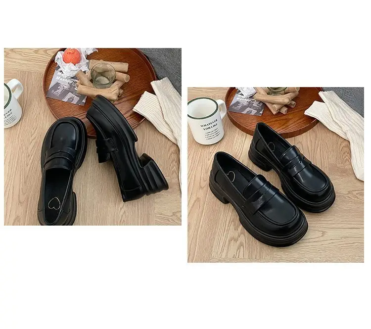 Thick-soled heightening single-layer shoes women's black thick-heeled leather shoes all-match British loafers autumn new formal shoes jk shoes — feature 9