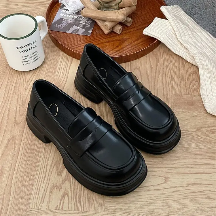 Thick-soled heightening single-layer shoes women's black thick-heeled leather shoes all-match British loafers autumn new formal shoes jk shoes