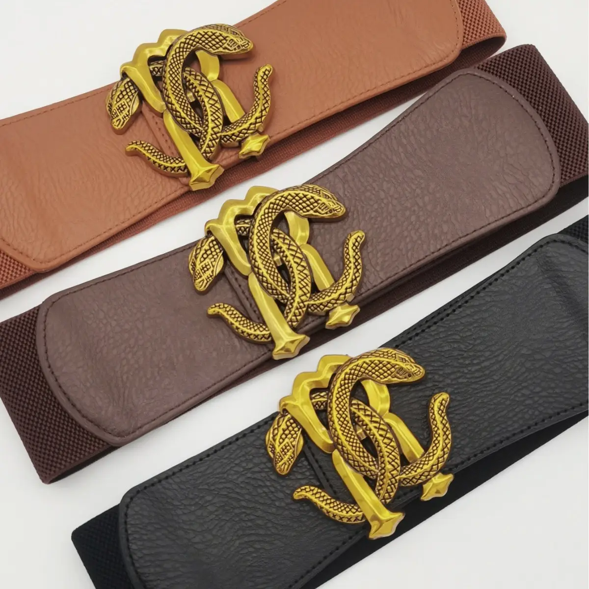 Wide Elastic Belt with Golden Snake Buckle Brown