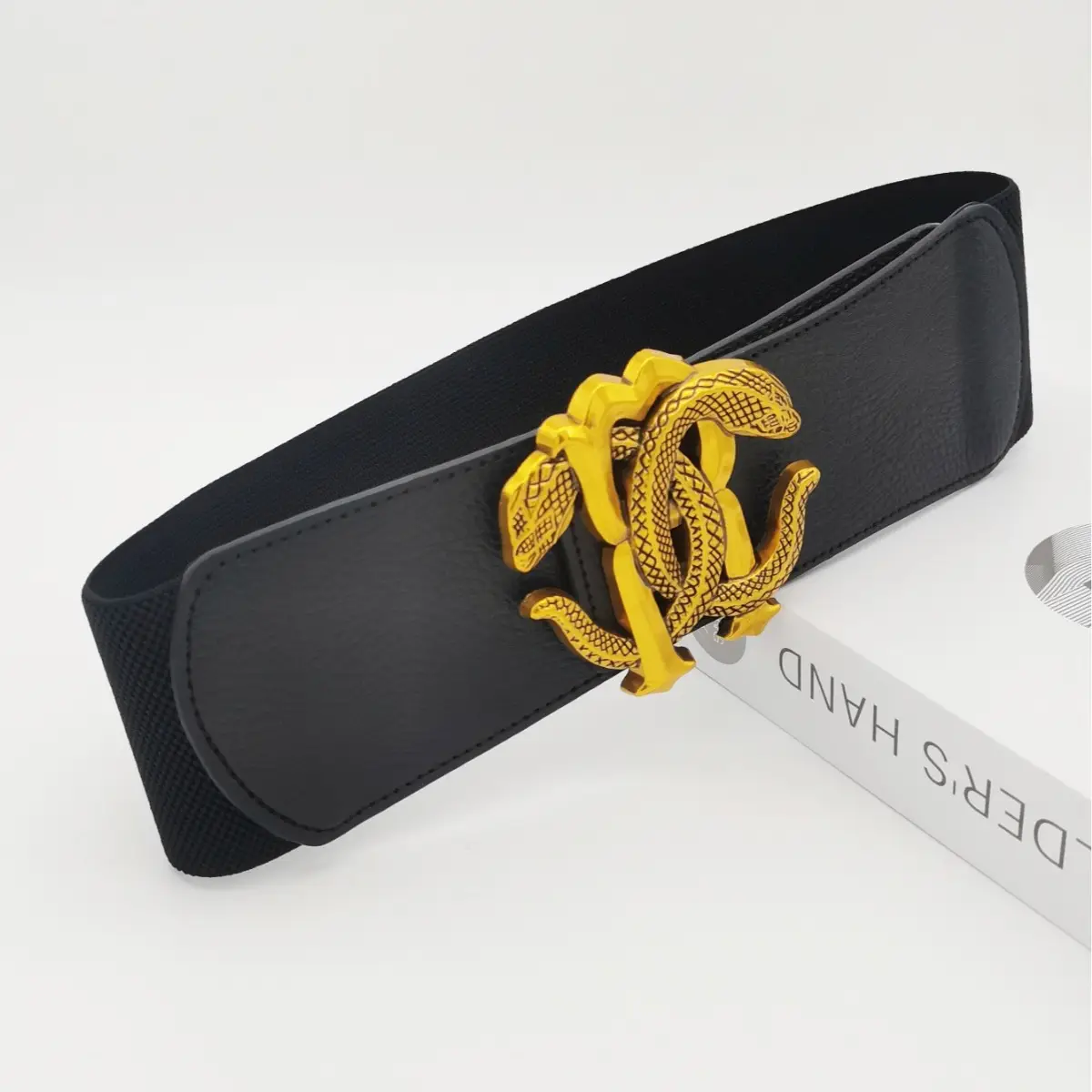 Wide Elastic Belt with Golden Snake Buckle Brown