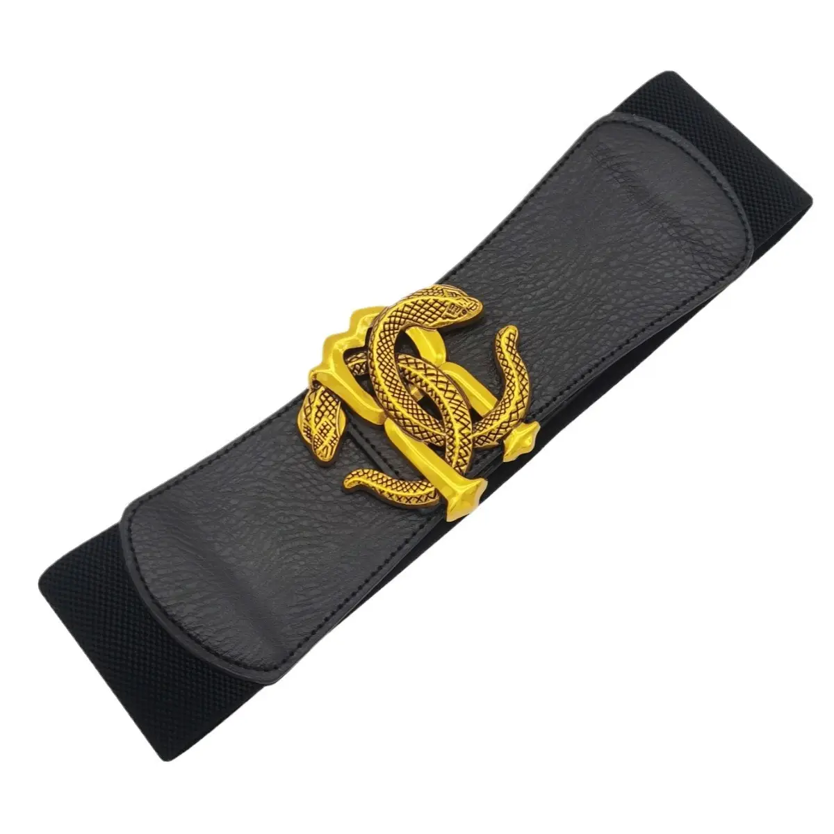 Wide Elastic Belt with Golden Snake Buckle Brown