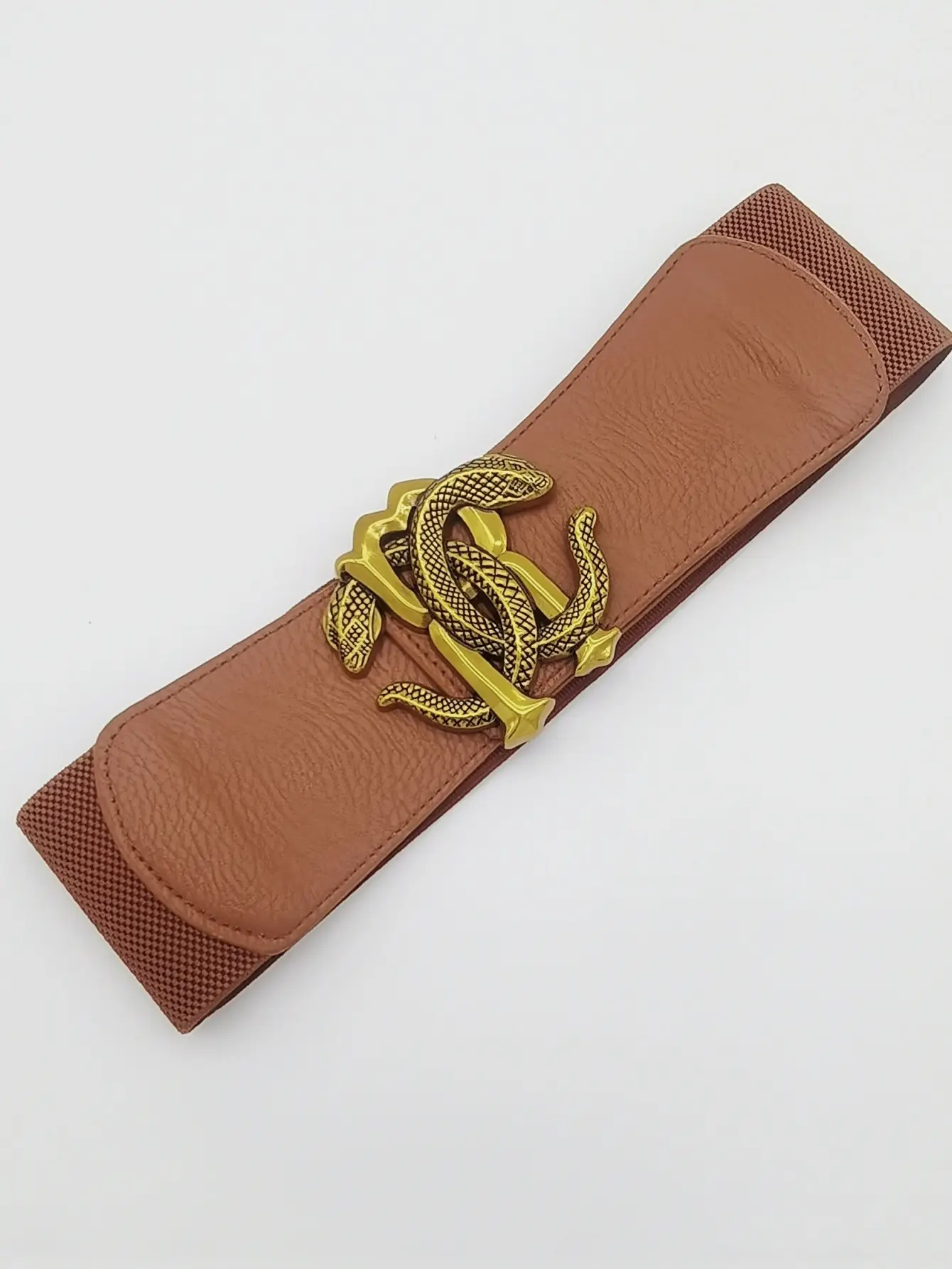 Wide Elastic Belt with Golden Snake Buckle Brown — feature 12