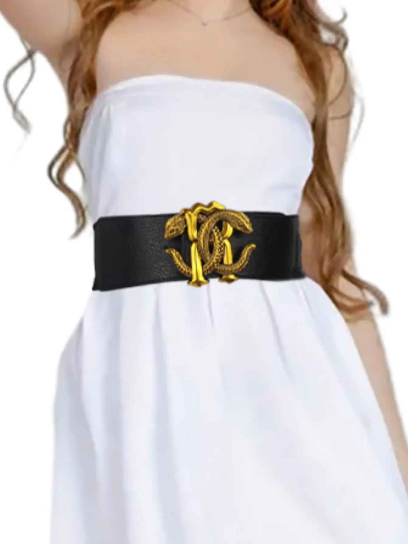 Wide Elastic Belt with Golden Snake Buckle Brown — feature 2