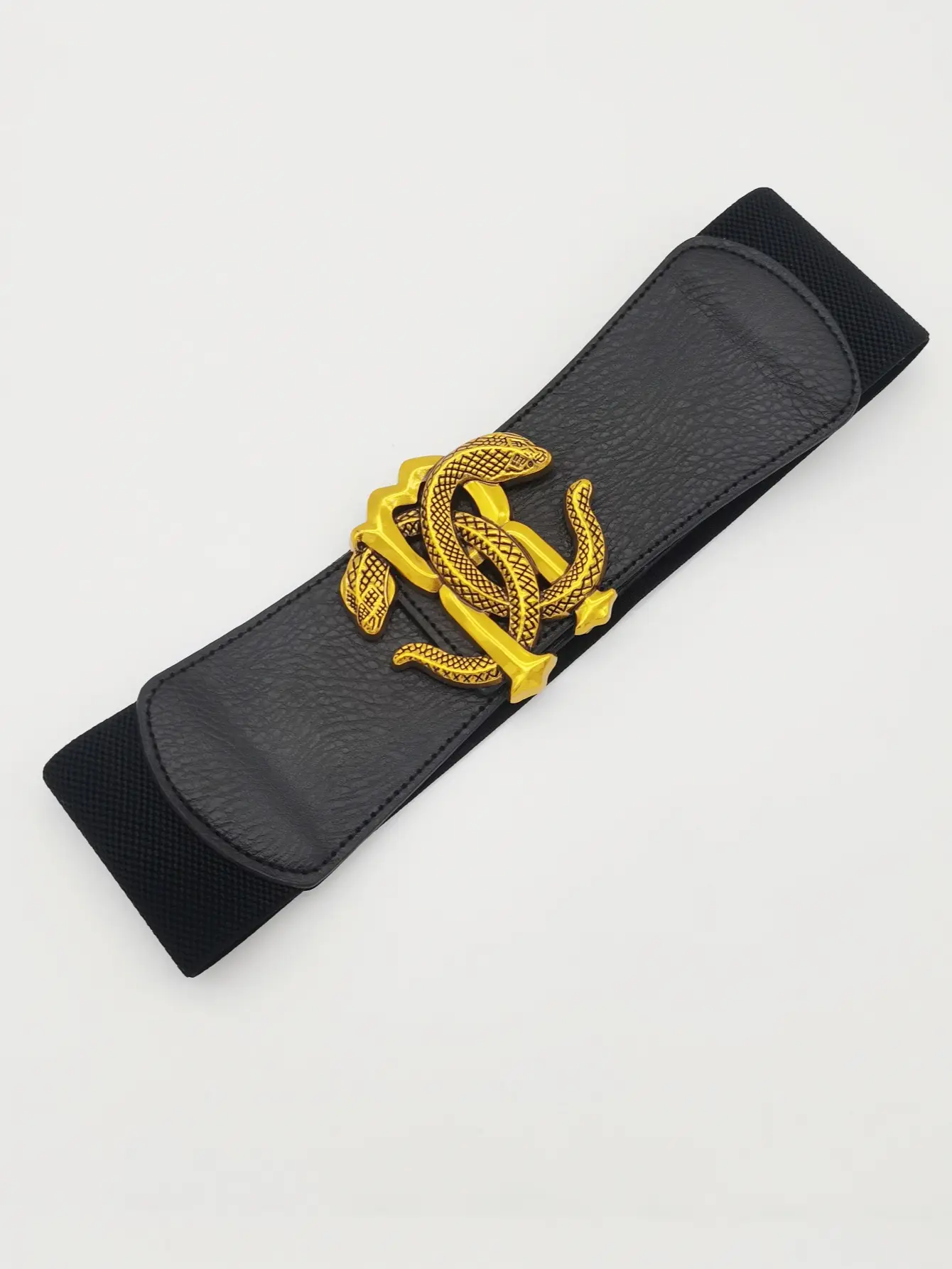 Wide Elastic Belt with Golden Snake Buckle Brown — feature 4
