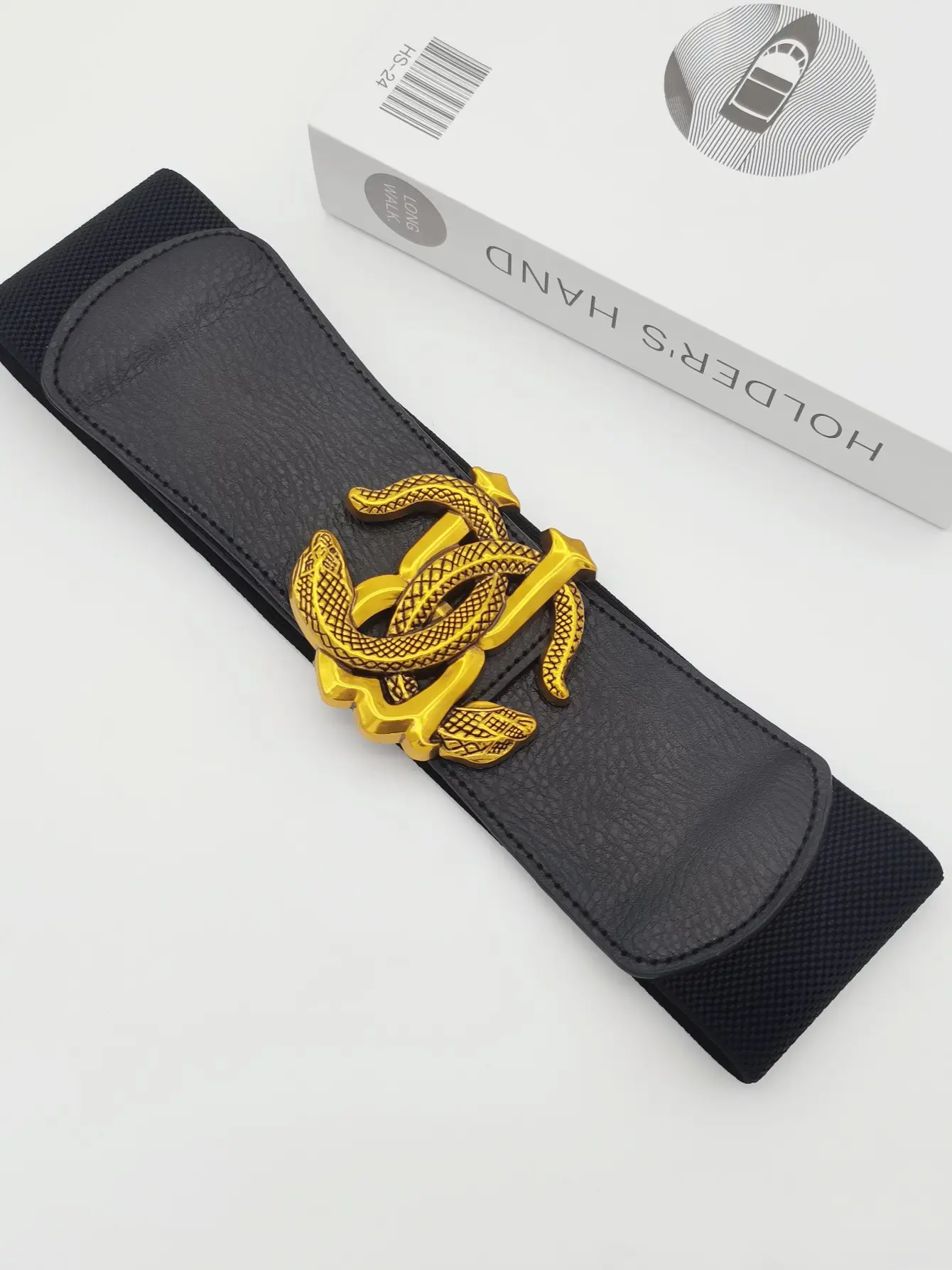 Wide Elastic Belt with Golden Snake Buckle Brown — feature 5