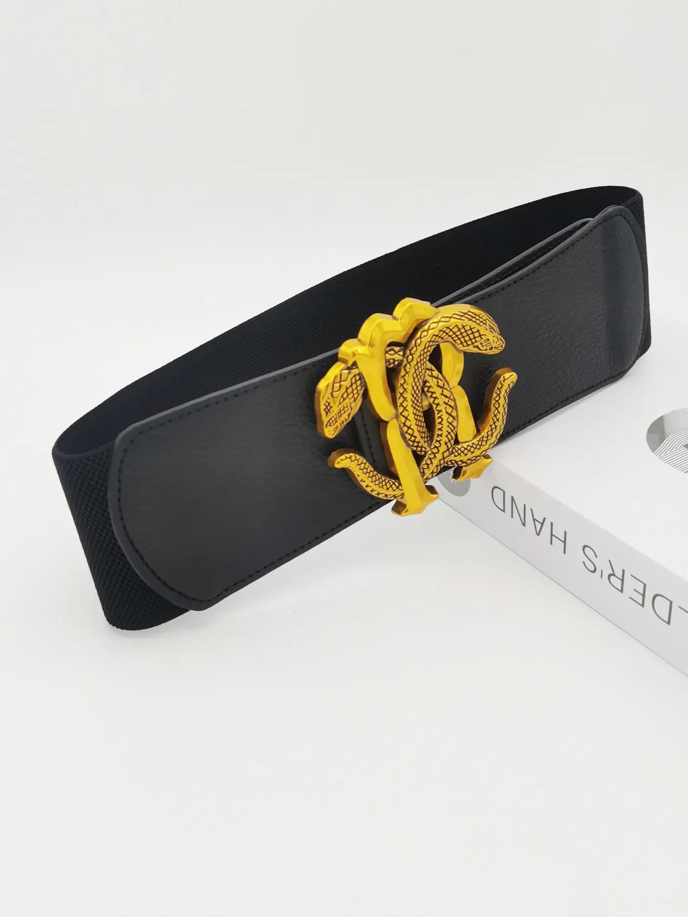 Wide Elastic Belt with Golden Snake Buckle Brown — feature 6