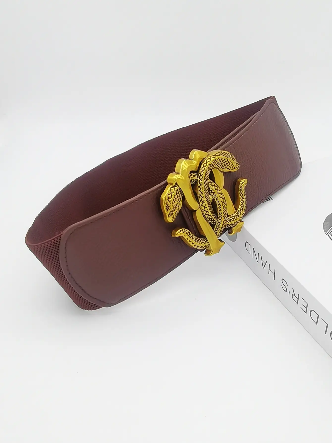 Wide Elastic Belt with Golden Snake Buckle Brown — feature 9