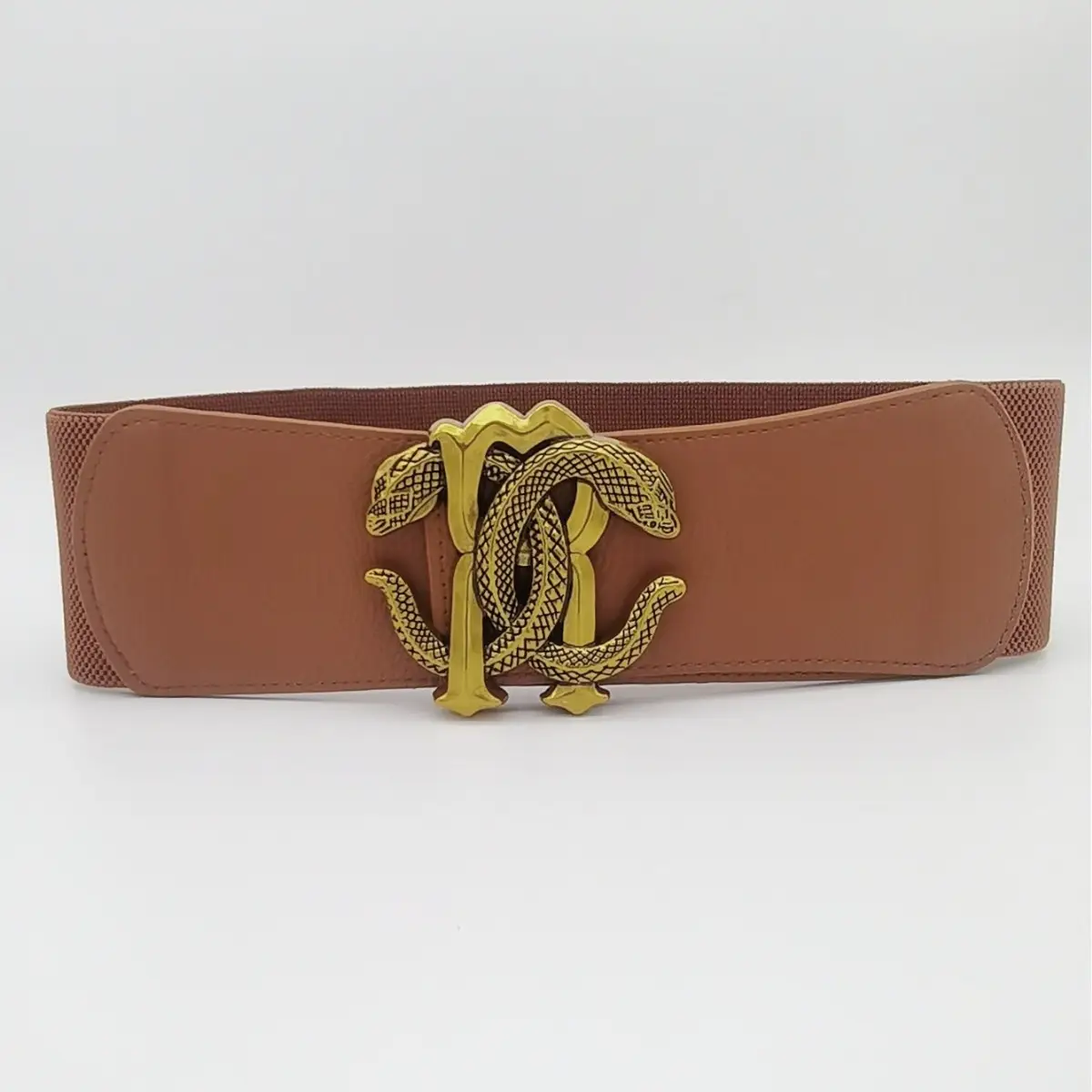 Wide Elastic Belt with Golden Snake Buckle Brown