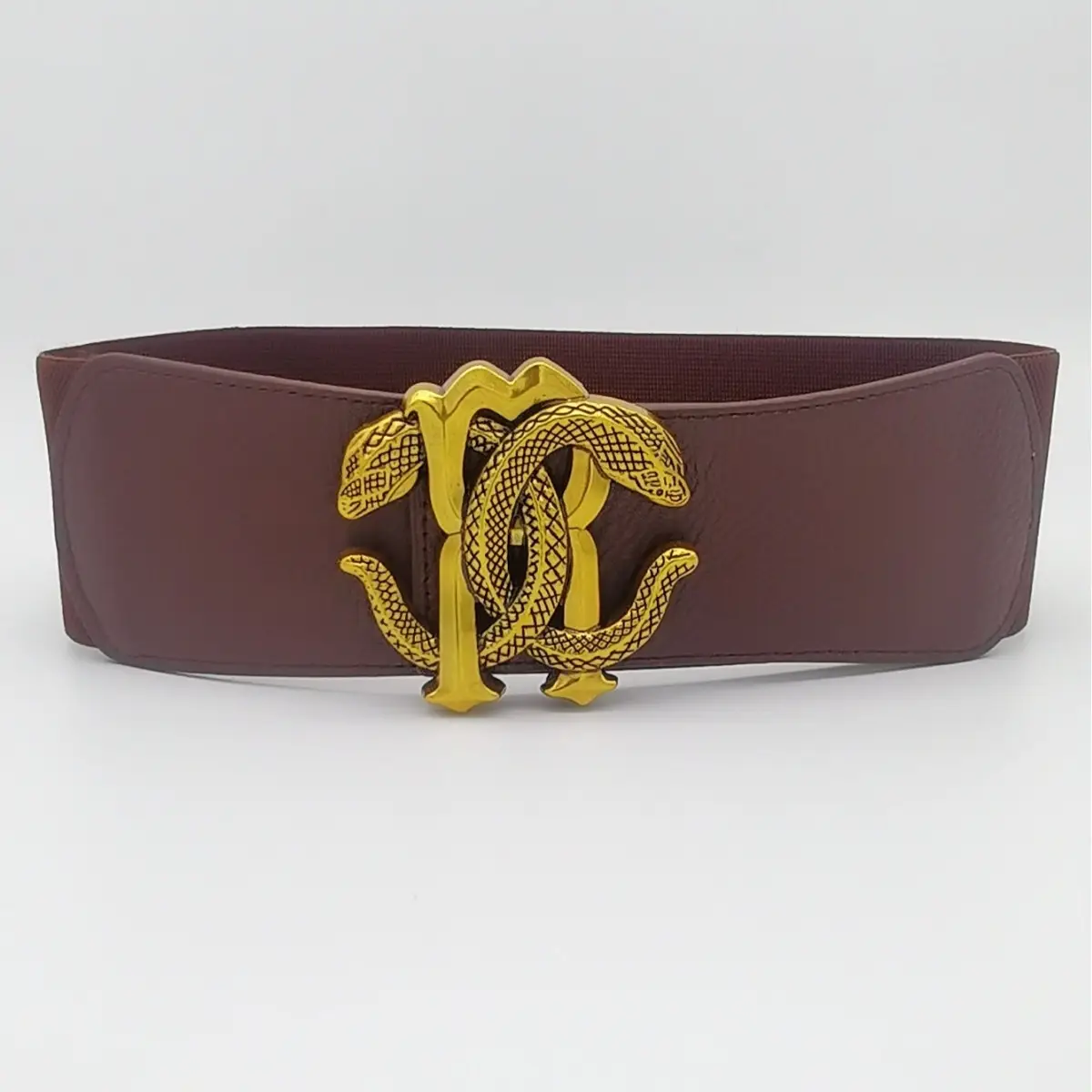 Wide Elastic Belt with Golden Snake Buckle Brown