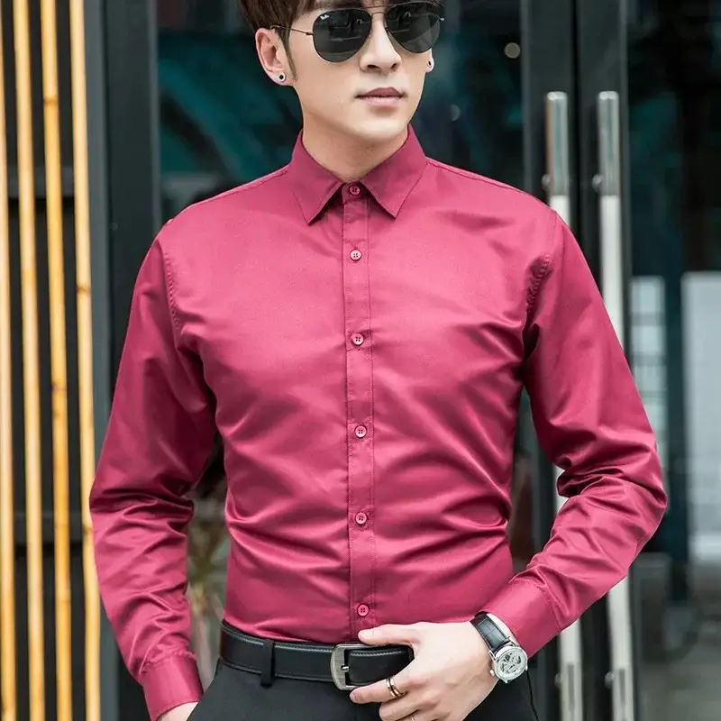 Men's Slim Fit Burgundy Button Down Shirt - Image 37
