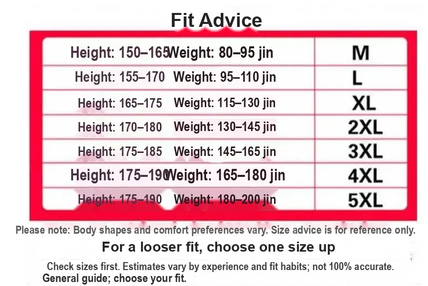 Try-on guide with sizes M–5XL and height and weight ranges.