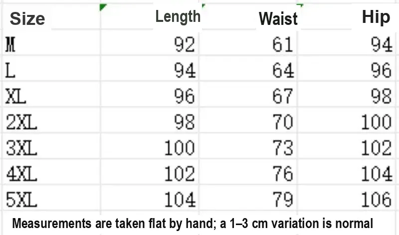Size table showing pants length, waist, and hip in centimeters for M–5XL.