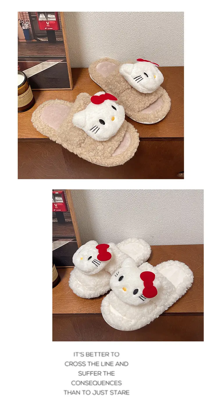 2025 Bow-Knot Cat Curly Fur Slippers Flat Rubber — feature 11