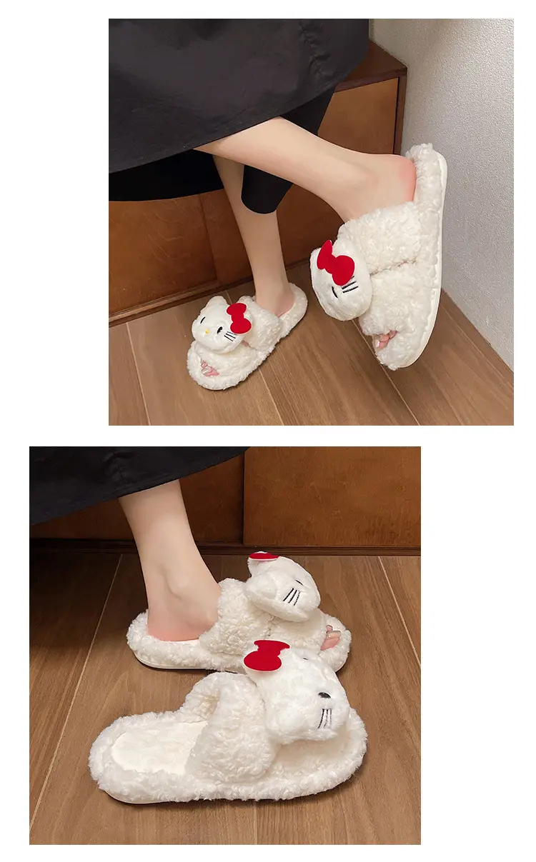 2025 Bow-Knot Cat Curly Fur Slippers Flat Rubber — feature 6