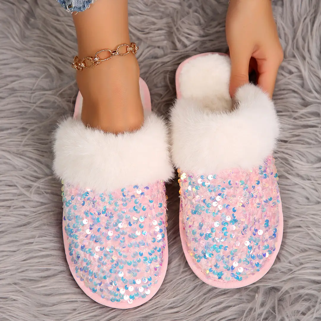 Foreign Trade in stock 2024 Baotou Sequin Cotton Slippers Women's Flat Plush Slippers Home Indoor Mao Mao Slippers Women