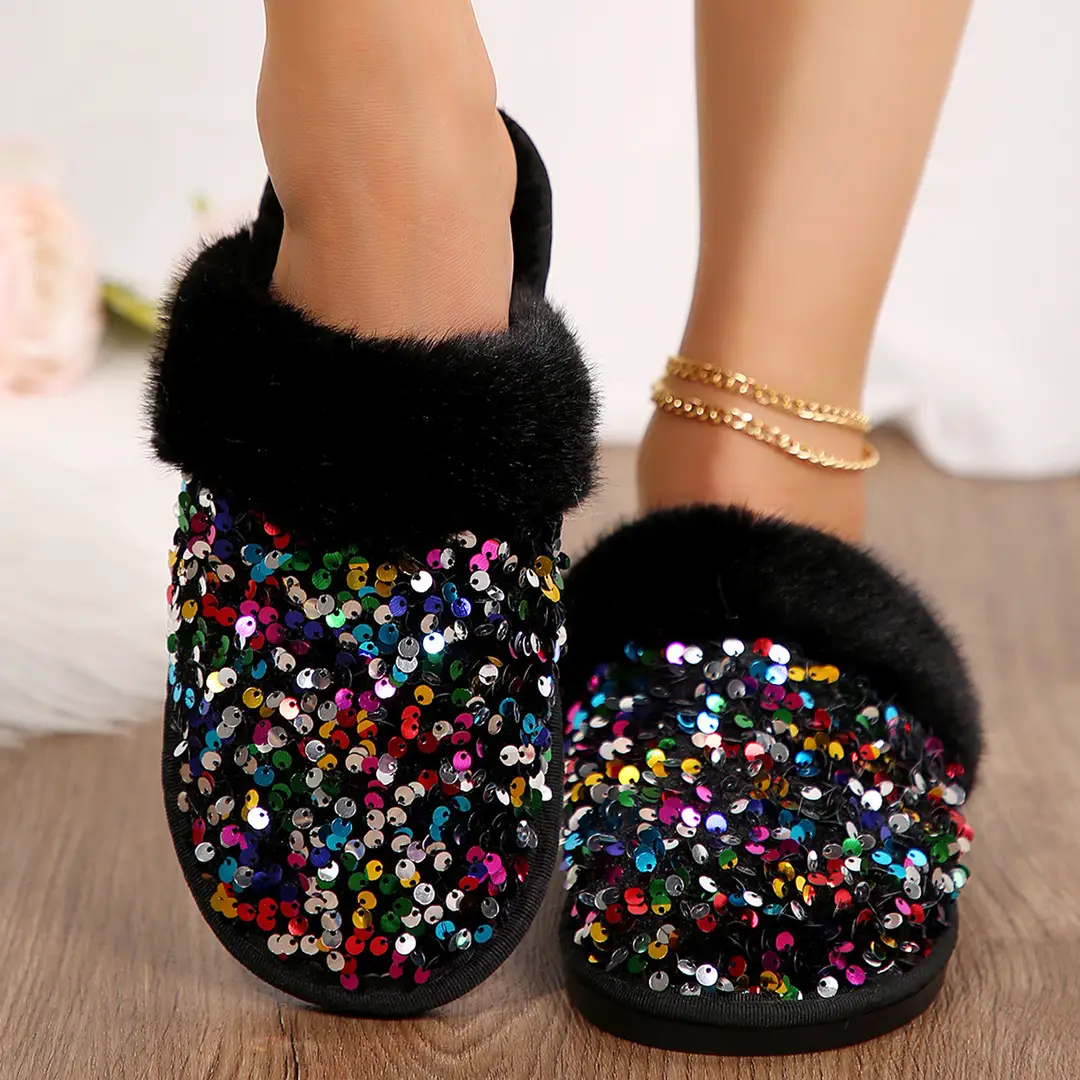 Foreign Trade in stock 2024 Baotou Sequin Cotton Slippers Women's Flat Plush Slippers Home Indoor Mao Mao Slippers Women
