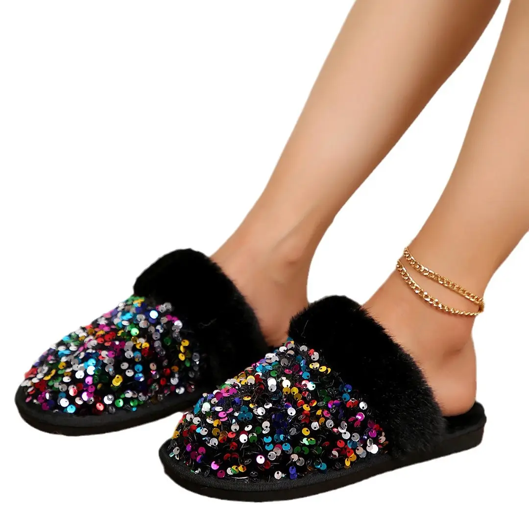 Foreign Trade in stock 2024 Baotou Sequin Cotton Slippers Women's Flat Plush Slippers Home Indoor Mao Mao Slippers Women