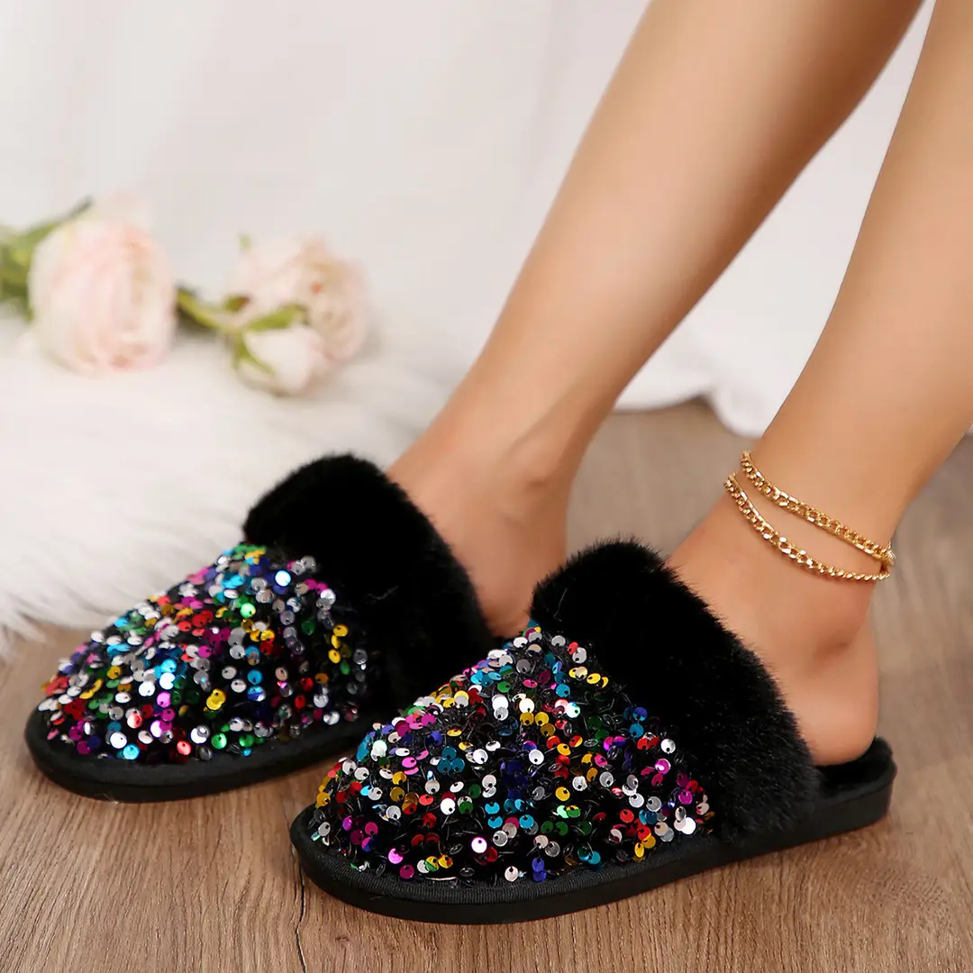 Foreign Trade in stock 2024 Baotou Sequin Cotton Slippers Women's Flat Plush Slippers Home Indoor Mao Mao Slippers Women — feature 1
