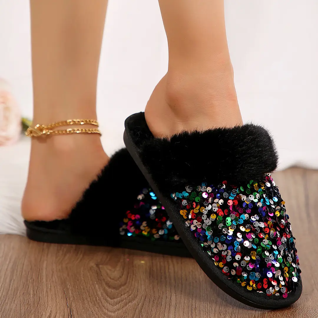 Foreign Trade in stock 2024 Baotou Sequin Cotton Slippers Women's Flat Plush Slippers Home Indoor Mao Mao Slippers Women — feature 3
