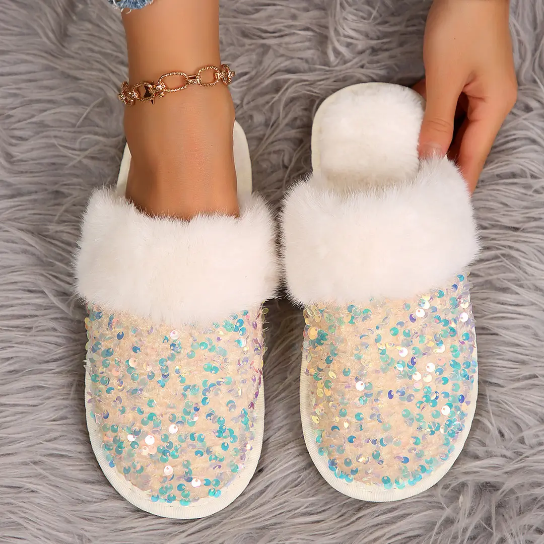 Foreign Trade in stock 2024 Baotou Sequin Cotton Slippers Women's Flat Plush Slippers Home Indoor Mao Mao Slippers Women — feature 4