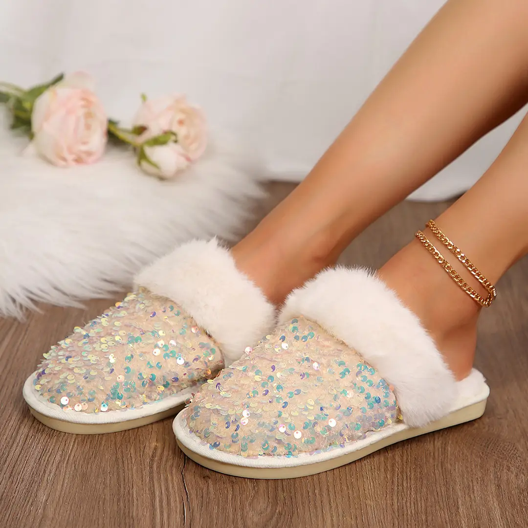 Foreign Trade in stock 2024 Baotou Sequin Cotton Slippers Women's Flat Plush Slippers Home Indoor Mao Mao Slippers Women — feature 5