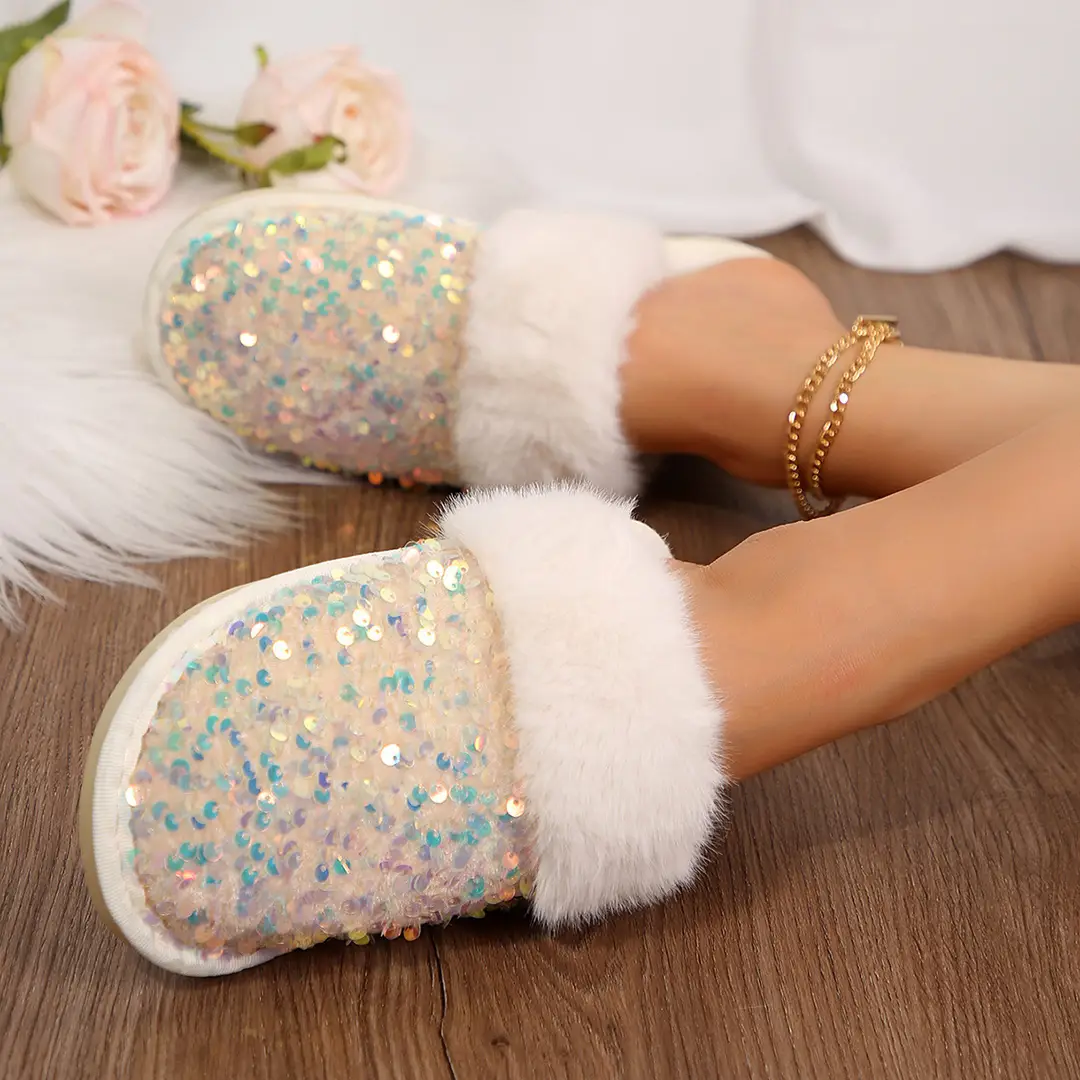 Foreign Trade in stock 2024 Baotou Sequin Cotton Slippers Women's Flat Plush Slippers Home Indoor Mao Mao Slippers Women — feature 6