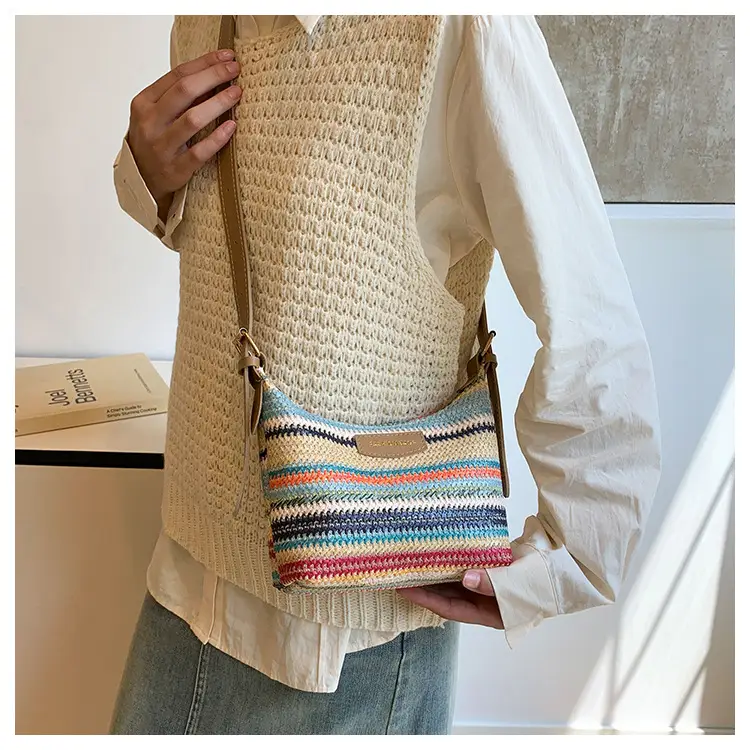 Women Woven Color Stripe Plaid Bag Shoulder Crossbody