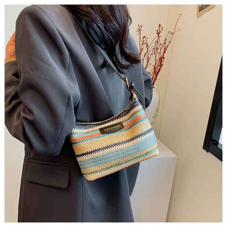Women Woven Color Stripe Plaid Bag Shoulder Crossbody